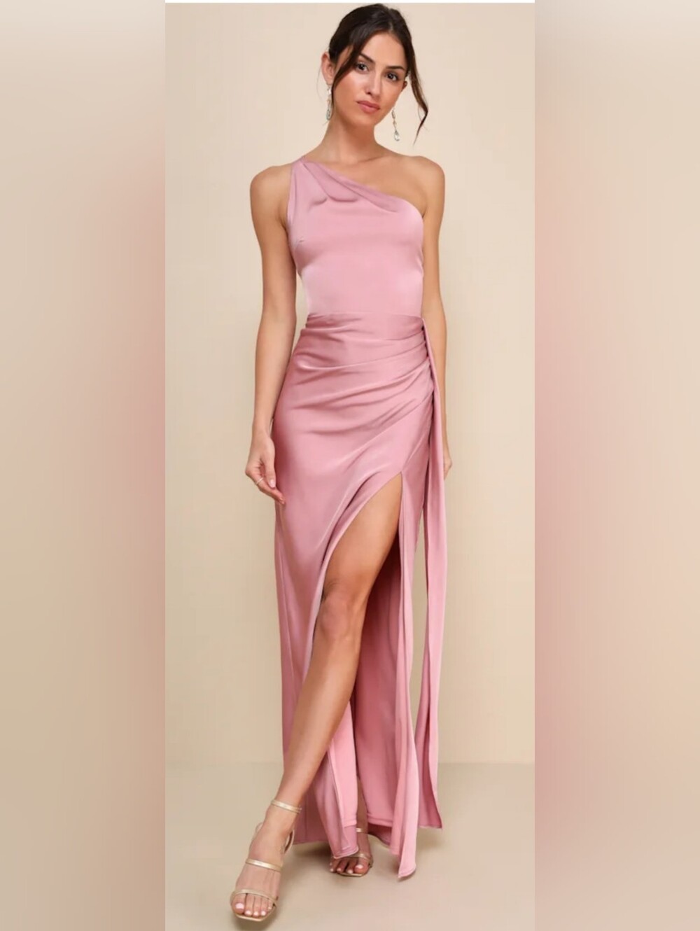 Lulu's Signature Elegance Rose Satin One-Shoulder Maxi Dress SZ L